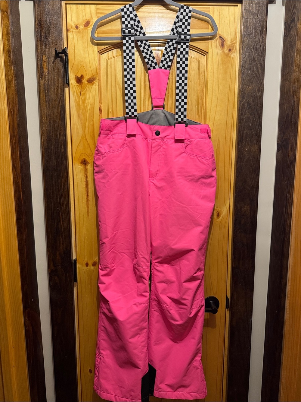 SMN Pink Snow Bib Pants with Checkerboard Suspenders Large